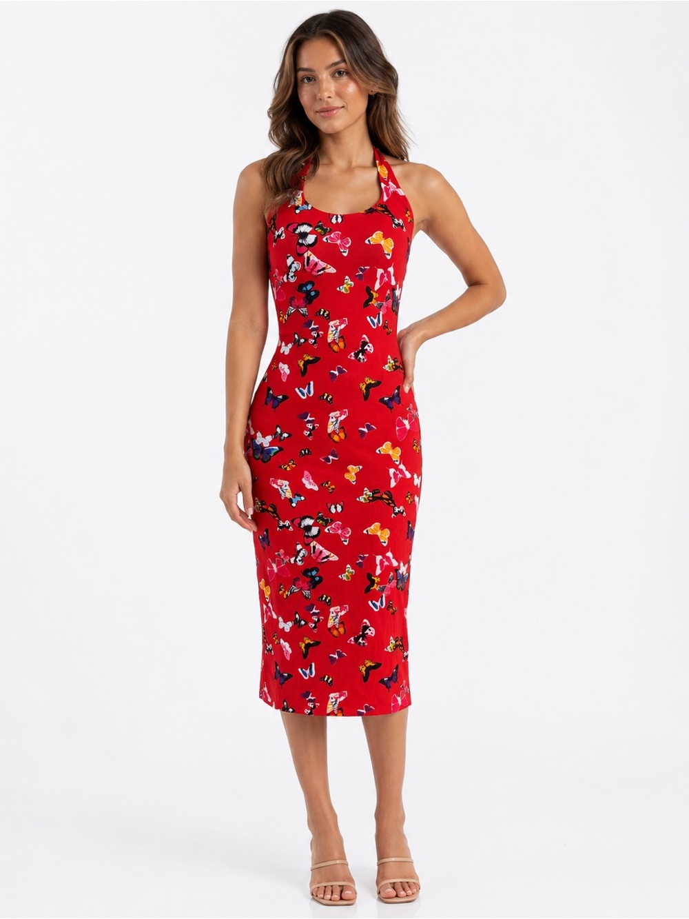INDAH Vintage Y2K Red Butterfly Print Halter Midi Dress XS